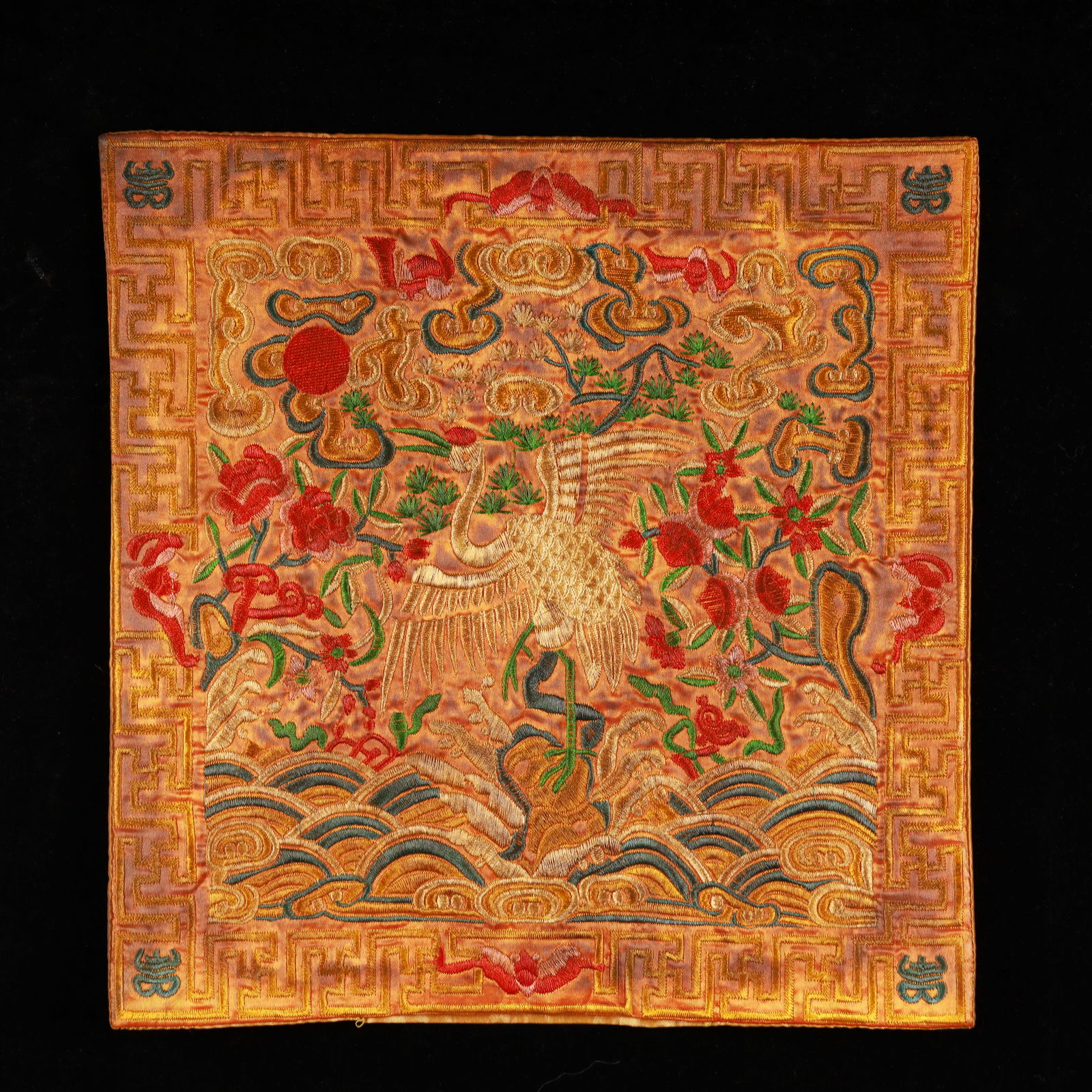 An Exquisite Embroidery Crane Pattern Civil Official Rank Badges: An Exquisite Embroidery Crane Pattern Civil Official Rank Badges,Qing Dynasty, China,Size:10.2inx10.2in 刺绣仙鹤官补,中国清代