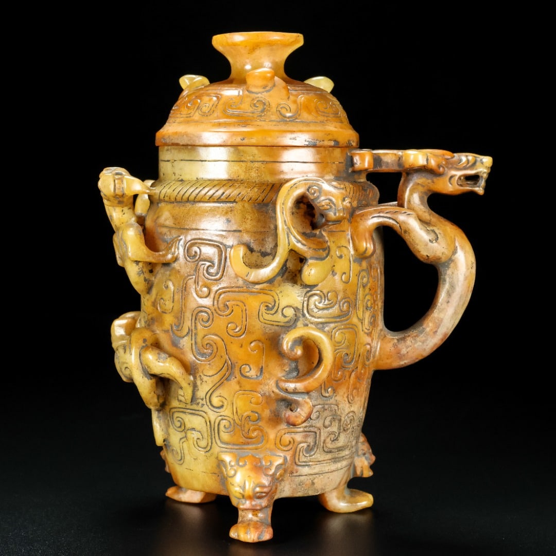 An Archaic Gaogu yu Dragon Pattern Cup: An Archaic Gaogu yu Dragon Pattern Cup,Ancient Time, China, Size:5.1inx3.9inx6.3in, Weight:688g, 高古玉龙纹杯,中国远古时期,