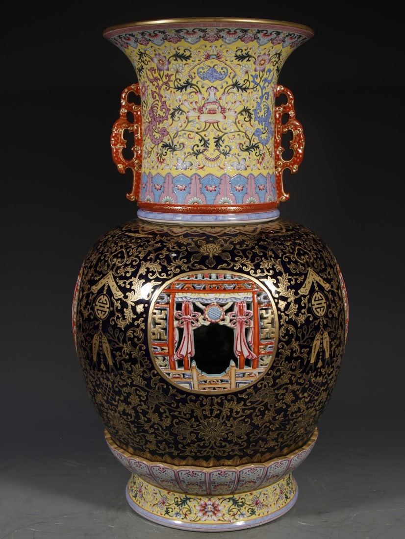 A Huge Enamel Painted Gold Lotus Pattern Double-Ears Vase: A Huge Enamel Painted Gold Lotus Pattern Double-Ears Vase,Qing Dynasty,China,Qianlong Four-character Mark,Size:27.6inx11.8in 珐琅彩描金缠枝莲纹