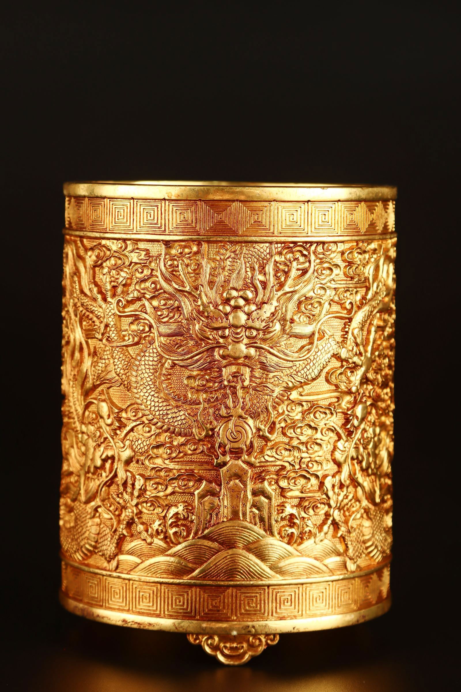 A Fine Gilt Bronze Auspicious Cloud and Dragon Pattern Tripod Brush Pot (1 of 9)