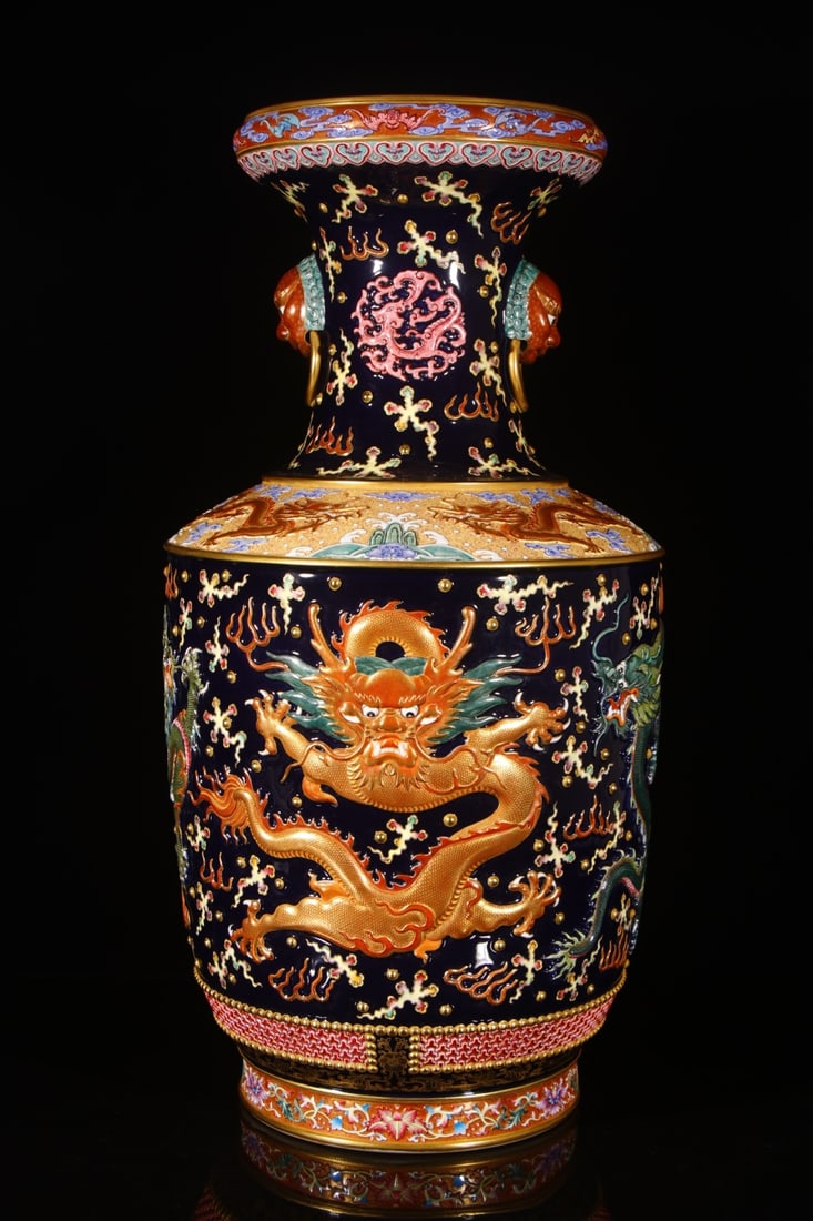 A Huge Blue Ground Enamel Auspicious Cloud and Dragon Pattern Lion-Ears Vase: A Huge Blue Ground Enamel Auspicious Cloud and Dragon Pattern Lion-Ears Vase,Qing Dynasty,China,Qianlong Four-character Mark,Size:33.5inx11.8in 蓝地珐琅彩祥云