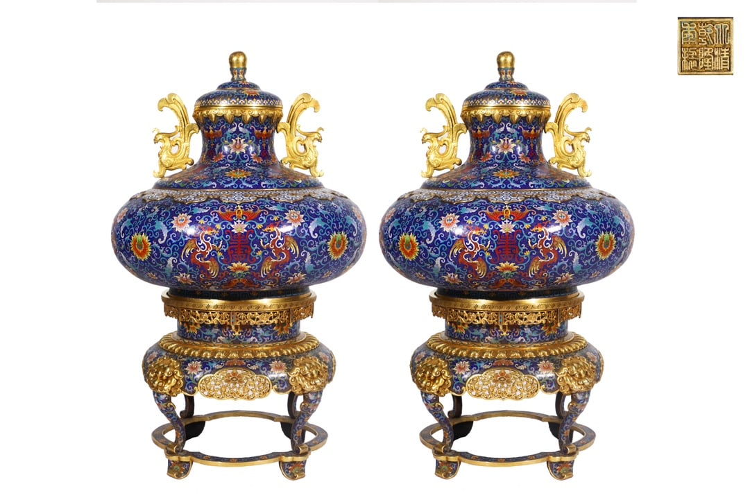 A Pair of Huge Cloisonne Enamel Lotus and Shou-Character Pattern Phoenix-Ears Vases (1 of 9)