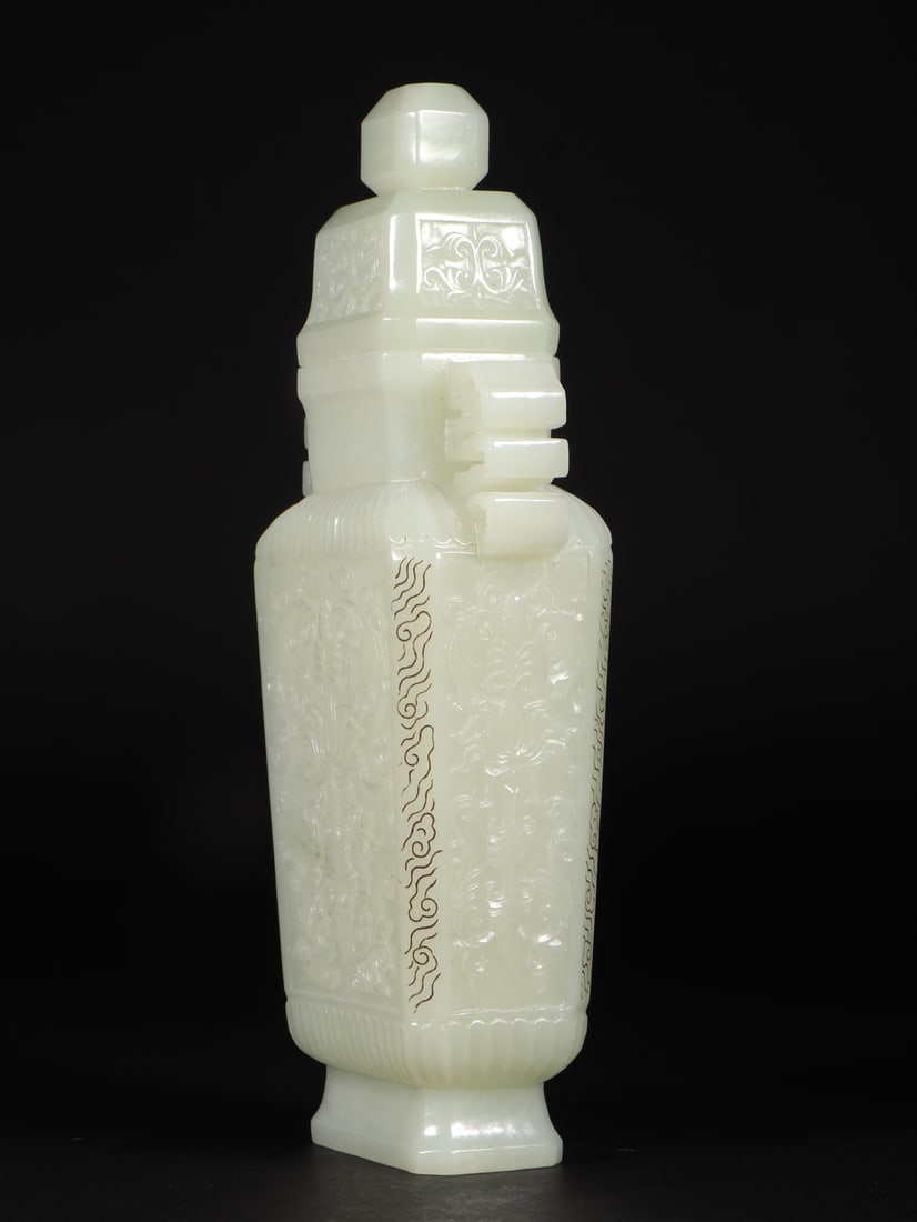 An Exquisite White Jade Lotus Pattern Double-Ears Bottle - 3
