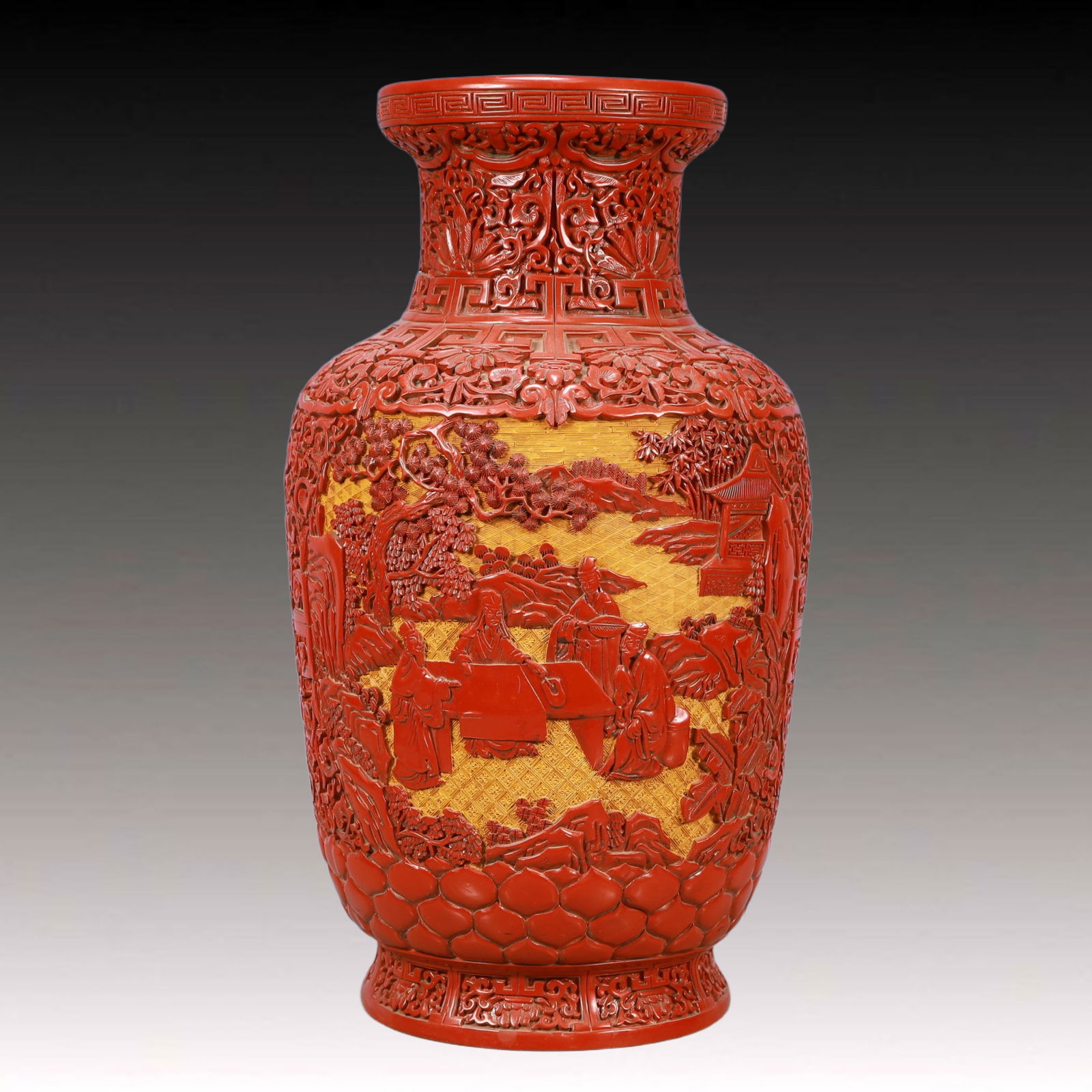 A Huge Carved Red Lacquer Landscape and Figure Pattern Vase: A Huge Carved Red Lacquer Landscape and Figure Pattern Vase,Qing Dynasty, China,Qianlong Six-character Mark,Size:10.2inx19.7in,Weight:4000g 剔红漆器山水人