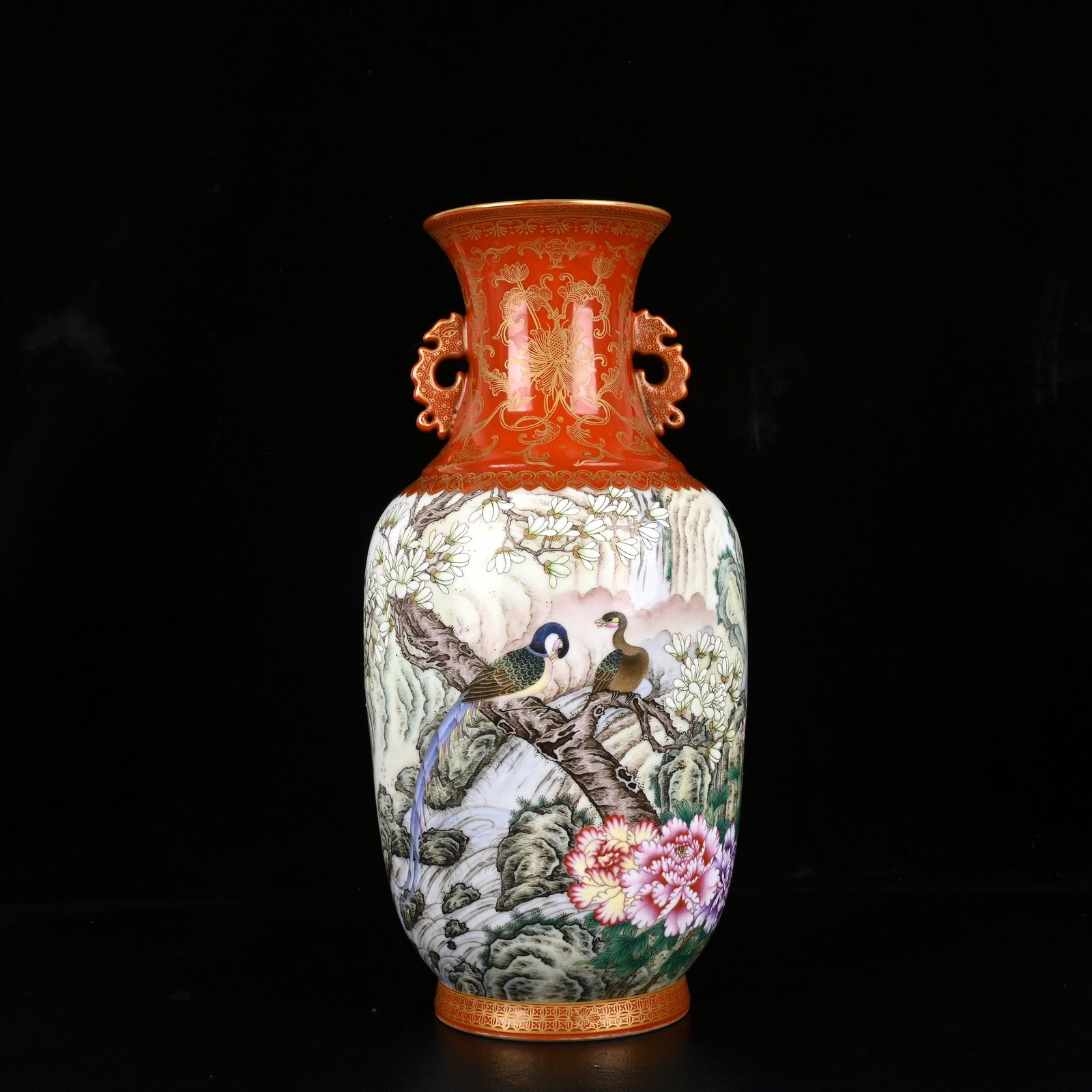 An Exquisite Iron-Red Famille-Rose Painted Gold Flower and Bird Pattern Double-Ears Vase: An Exquisite Iron-Red Famille-Rose Painted Gold Flower and Bird Pattern Double-Ears Vase,with poem,Qing Dynasty,China,Qianlong Six-character Mark,Size:13.4inx6.7in 