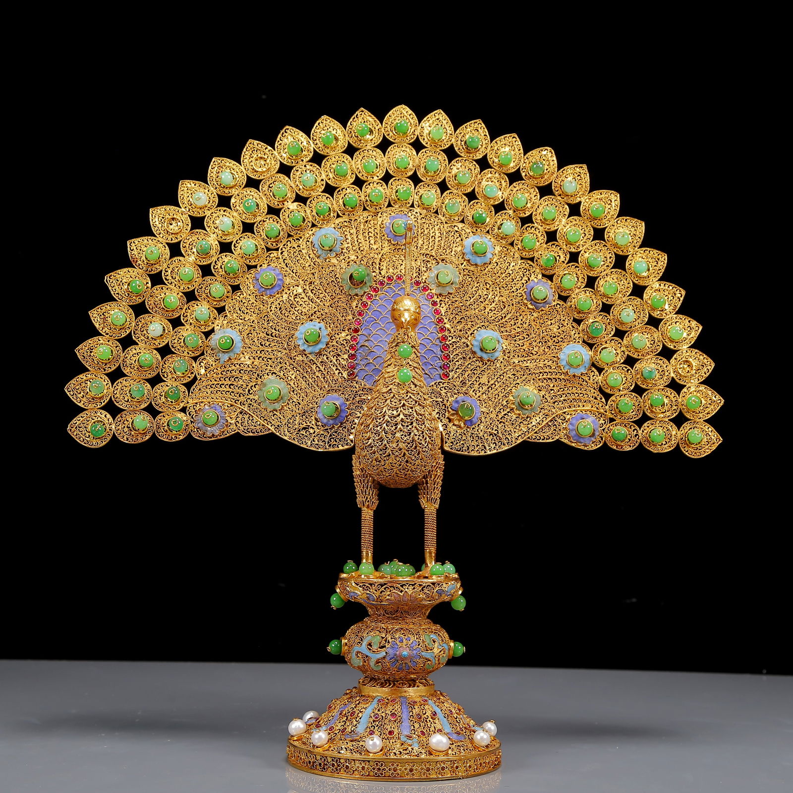 A Rare Gilt Inlaid Gems Peacock Ornament: A Rare Gilt Inlaid Gems Peacock Ornament,Qing Dynasty,China,Qianlong Four-character Mark,Size:15inx4.7inx15in,Weight:1095g 