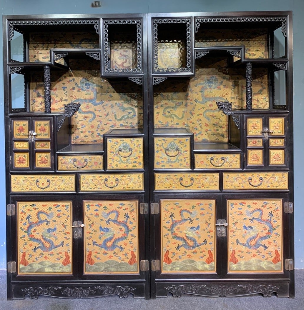 A Pair of Huge Zitanwood Auspicious Cloud and Dragon Pattern Cabinets,with an Imperial Poem by: A Pair of Huge Zitanwood Auspicious Cloud and Dragon Pattern Cabinets,with an Imperial Poem by Emperor Qianlong,Qing Dynasty, China,Size:78.7inx78.7inx15in 
