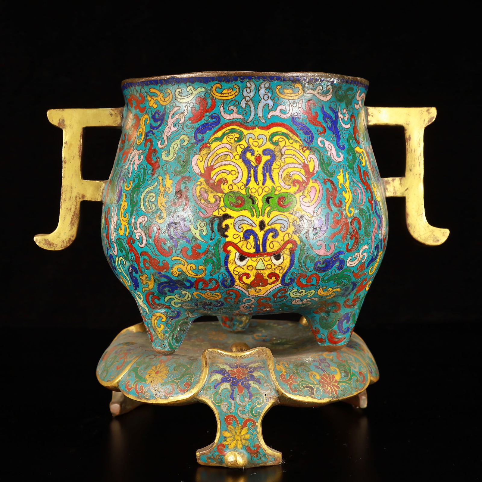 An Exquisite Cloisonne Lotus Beast-Face Pattern Double-Ears and Tripod Censer: An Exquisite Cloisonne Lotus Beast-Face Pattern Double-Ears and Tripod Censer,(A type of enamelware with metal wires separating colored glaze, originating in China),Ming Dynasty,China,Xuande