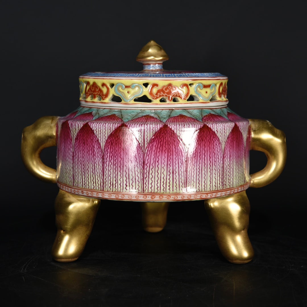 An Exquisite Enamel Gilt Lotus Pattern Double-Ears and Tripod Censer: An Exquisite Enamel Gilt Lotus Pattern Double-Ears and Tripod Censer,Qing Dynasty,China,Yongzheng Four-Character Mark,Size:4.7inx5.9in 珐琅彩鎏金荷花纹&