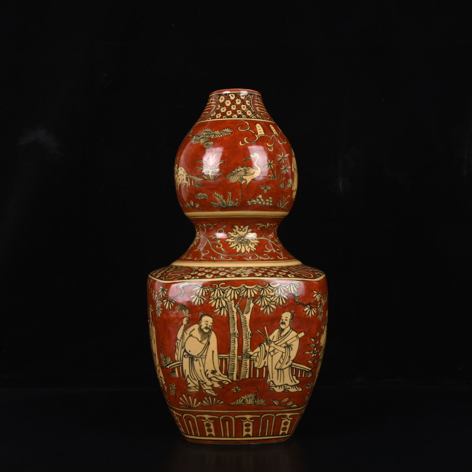 An Exquisite Red Ground Yellow Glazed Character and Story Pattern Gourd-Shaped Vase: An Exquisite Red Ground Yellow Glazed Character and Story Pattern Gourd-Shaped Vase,Ming Dynasty,China,Jiajing Six-character Mark,Size:13.8inx7.1in 