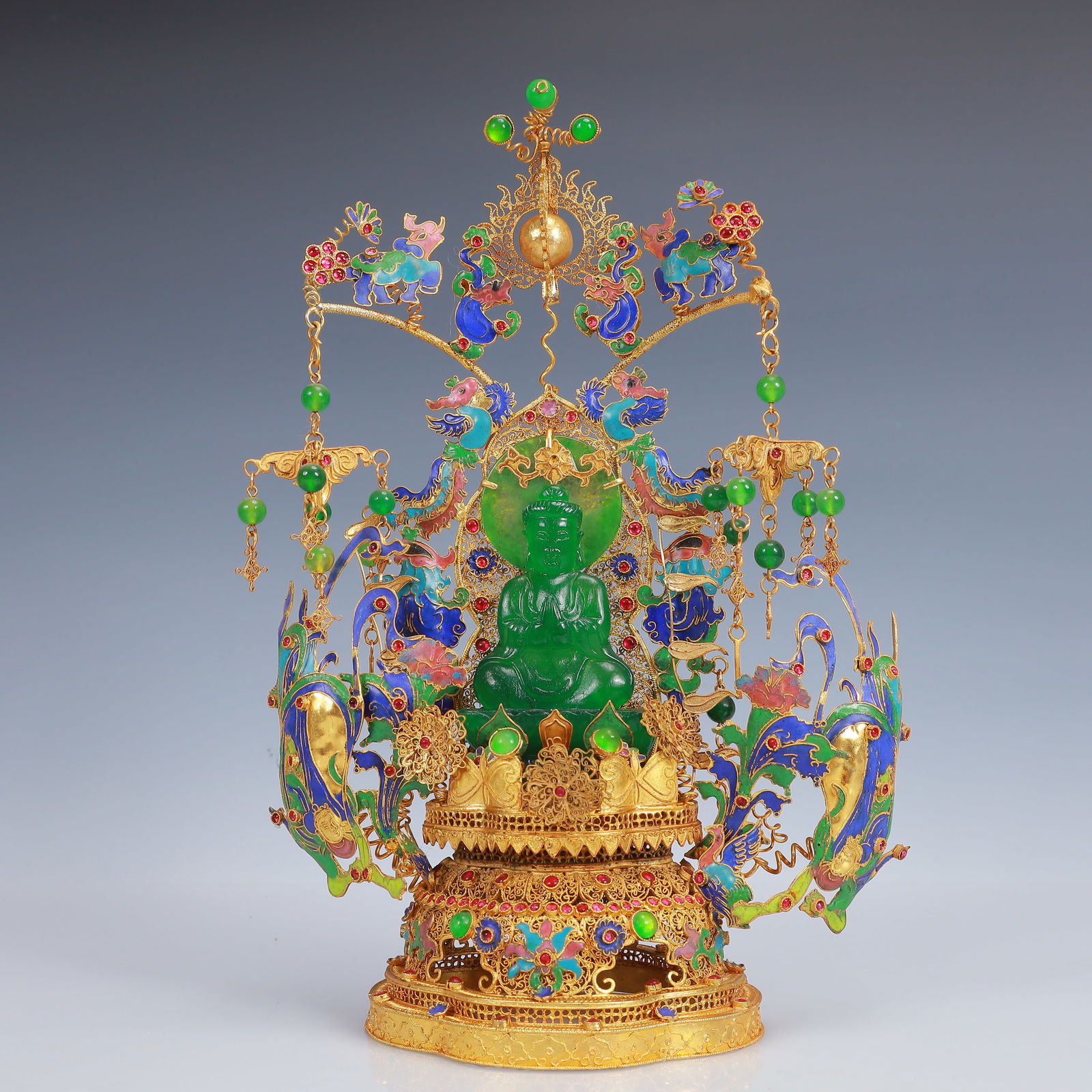 An Exquisite Filigree and Gilding Inlaid Jadeite Buddha Statue,Inlaid Gems (1 of 10)