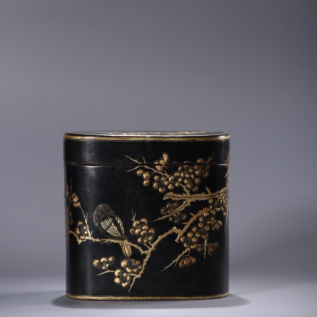 An Exquisite Carved Lacquer Painted Gold Flower and Bird Pattern Tea Caddy,with Poem: An Exquisite Carved Lacquer Painted Gold Flower and Bird Pattern Tea Caddy,with Poem,Qing Dynasty,China,Size:5.1inx5.1inx3.1in,Weight:270g 