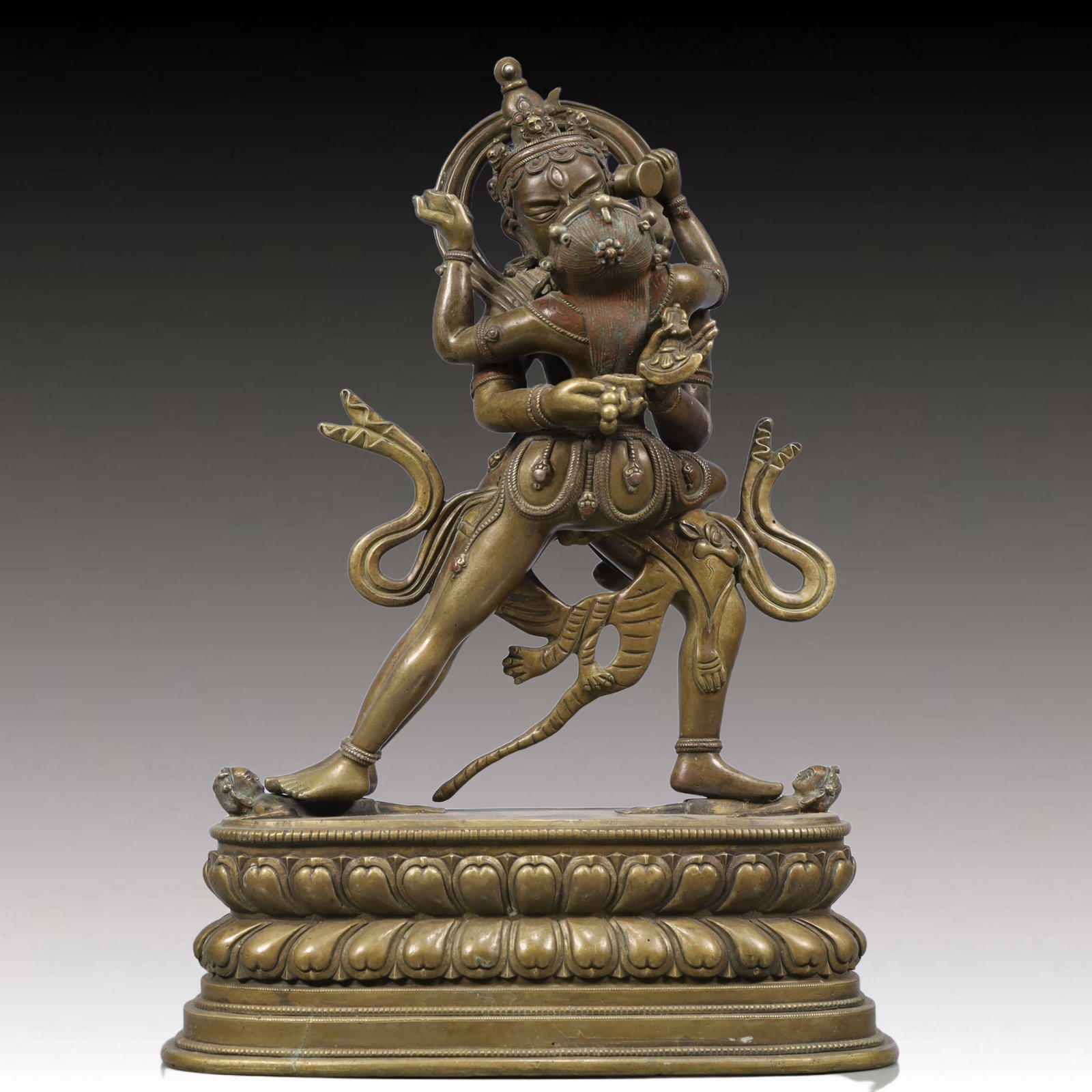 A Solemn Gilt Bronze Statue of Chakrasamvara, With Inscription: A Solemn Gilt Bronze Statue of Chakrasamvara, With Inscription, Qing Dynasty, China, Size:9.1inx3.7inx13.4in, Weight:4000g 
