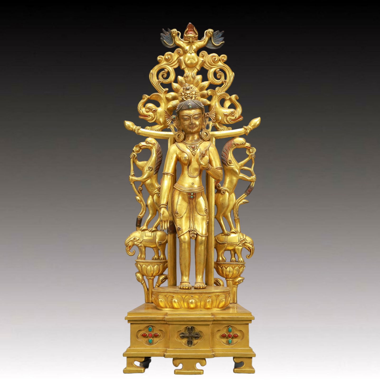 A Solemn Gilt Bronze Statue of Avalokitesvara,Inlaid Turquoise: A Solemn Gilt Bronze Statue of Avalokitesvara,Inlaid Turquoise,Ming Dynasty, China,Size:11.4inx6.7inx31.5in,Weight:16450g 
