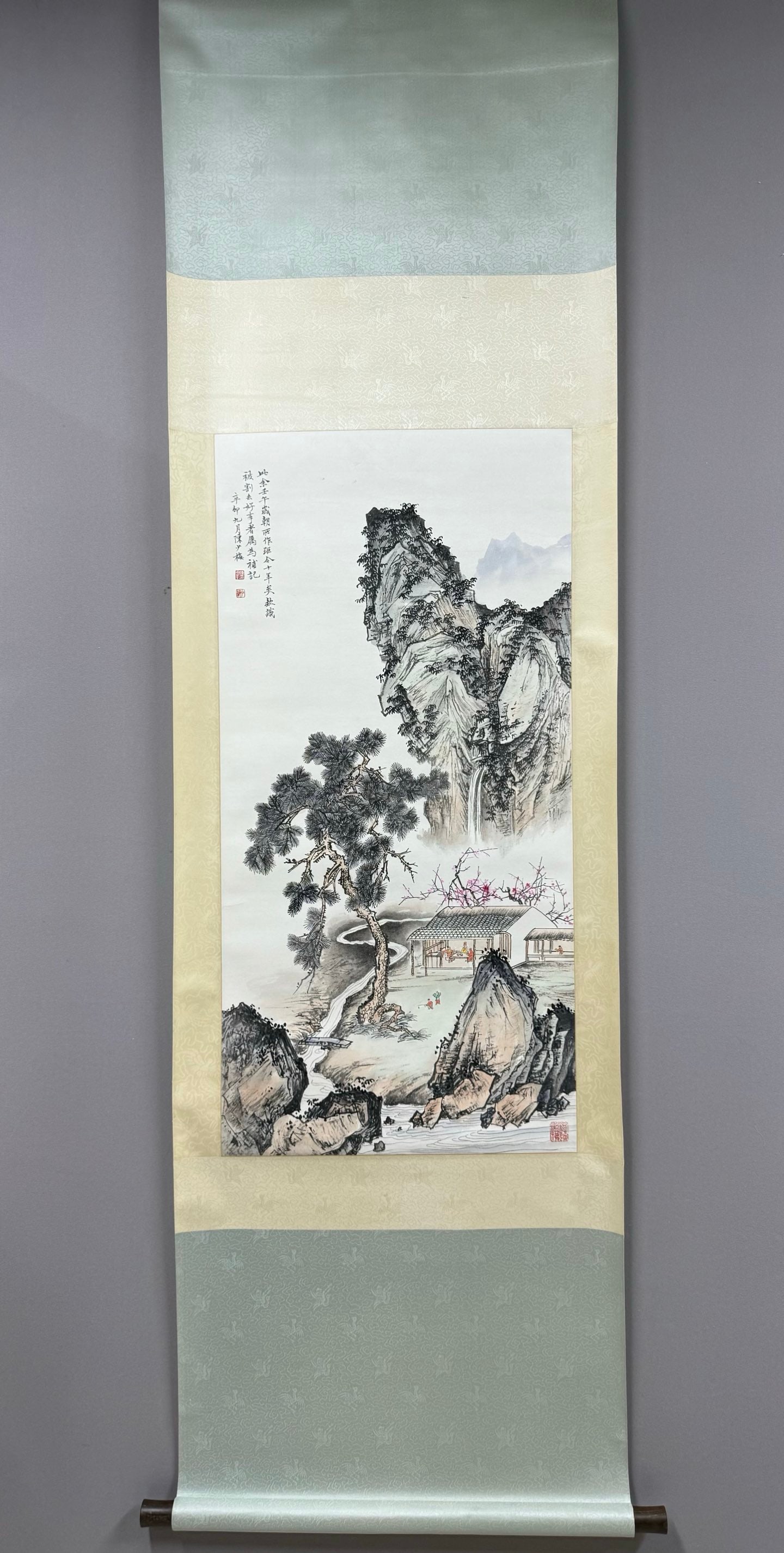 A Chinese Vertical Scroll Ink Painting of Landscape and Figure on Paper: A Chinese Vertical Scroll Ink Painting of Landscape and Figure on Paper,Chen Shaomei,Size:39inx19.3in 