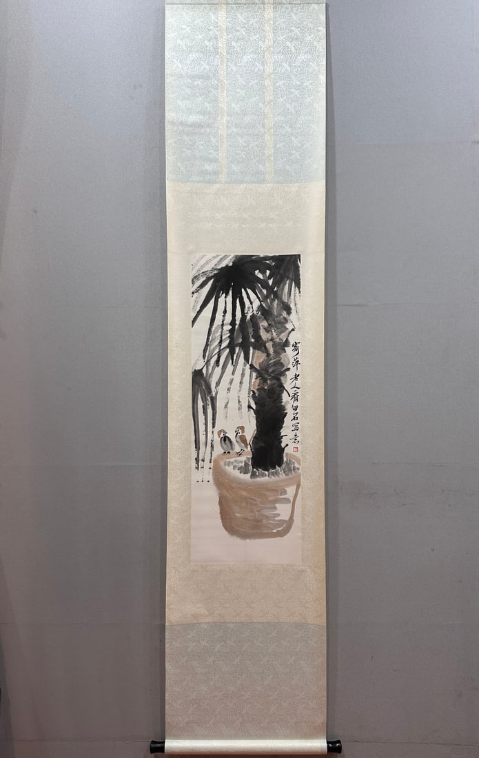 A Chinese Vertical Scroll Ink Painting of Flower and Bird on Paper: A Chinese Vertical Scroll Ink Painting of Flower and Bird on Paper,Qi Baishi,Size:13.8inx38.2in 