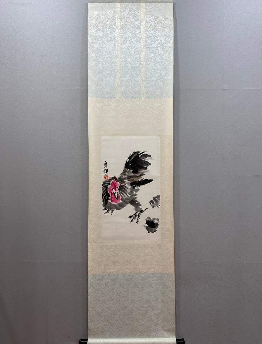 A Chinese Vertical Scroll Ink Painting of Rooster on Paper: A Chinese Vertical Scroll Ink Painting of Rooster on Paper,Qi Baishi,Size:13.4inx24in 一幅中国水墨鸡画立轴,齐白石
