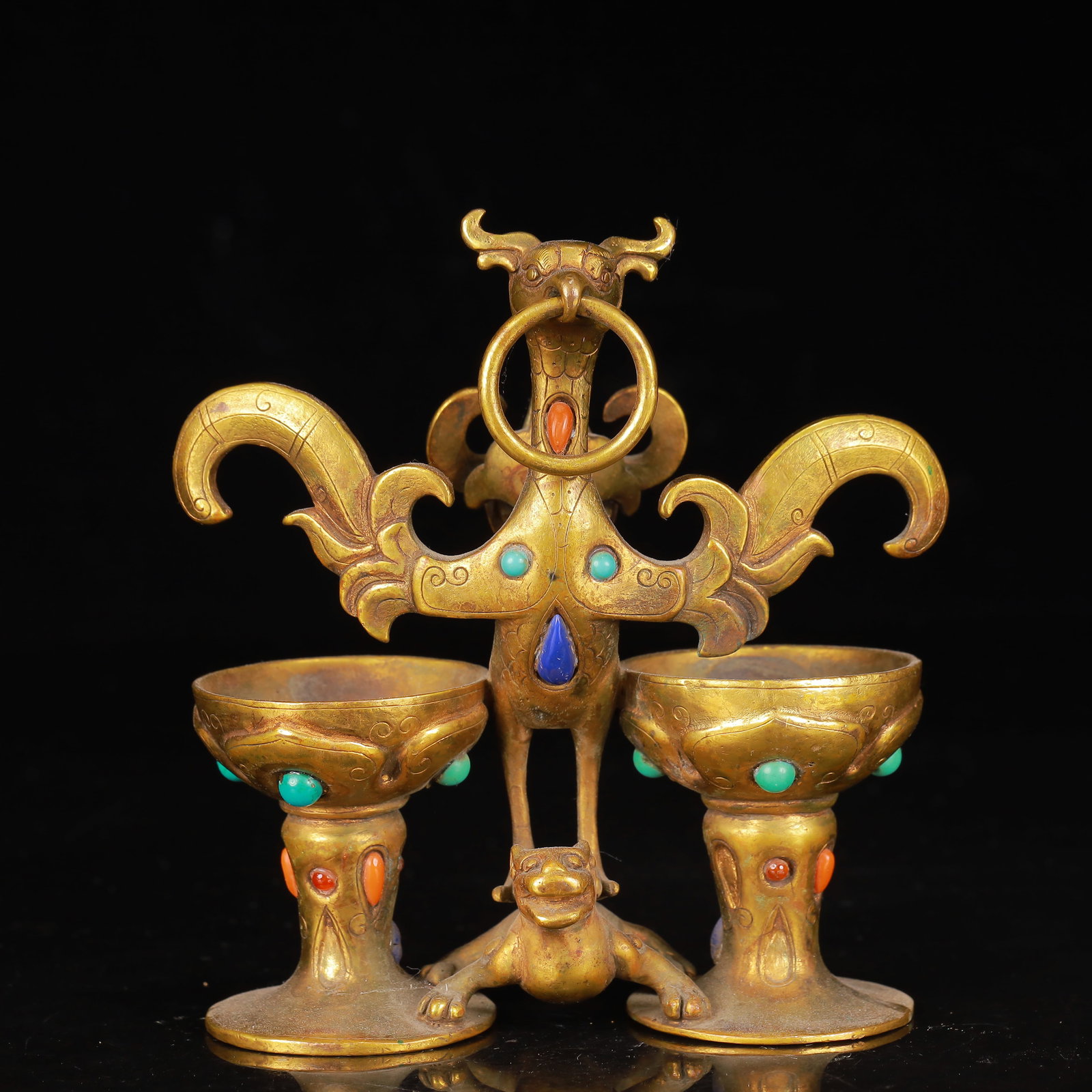 An Exquisite Gilt Bronze Phoenix Candlestick,Inlaid Turquoise: An Exquisite Gilt Bronze Phoenix Candlestick,Inlaid Turquoise,Qing Dynasty,China,Size:4.3inx2inx4.7in,Weight:484g 
