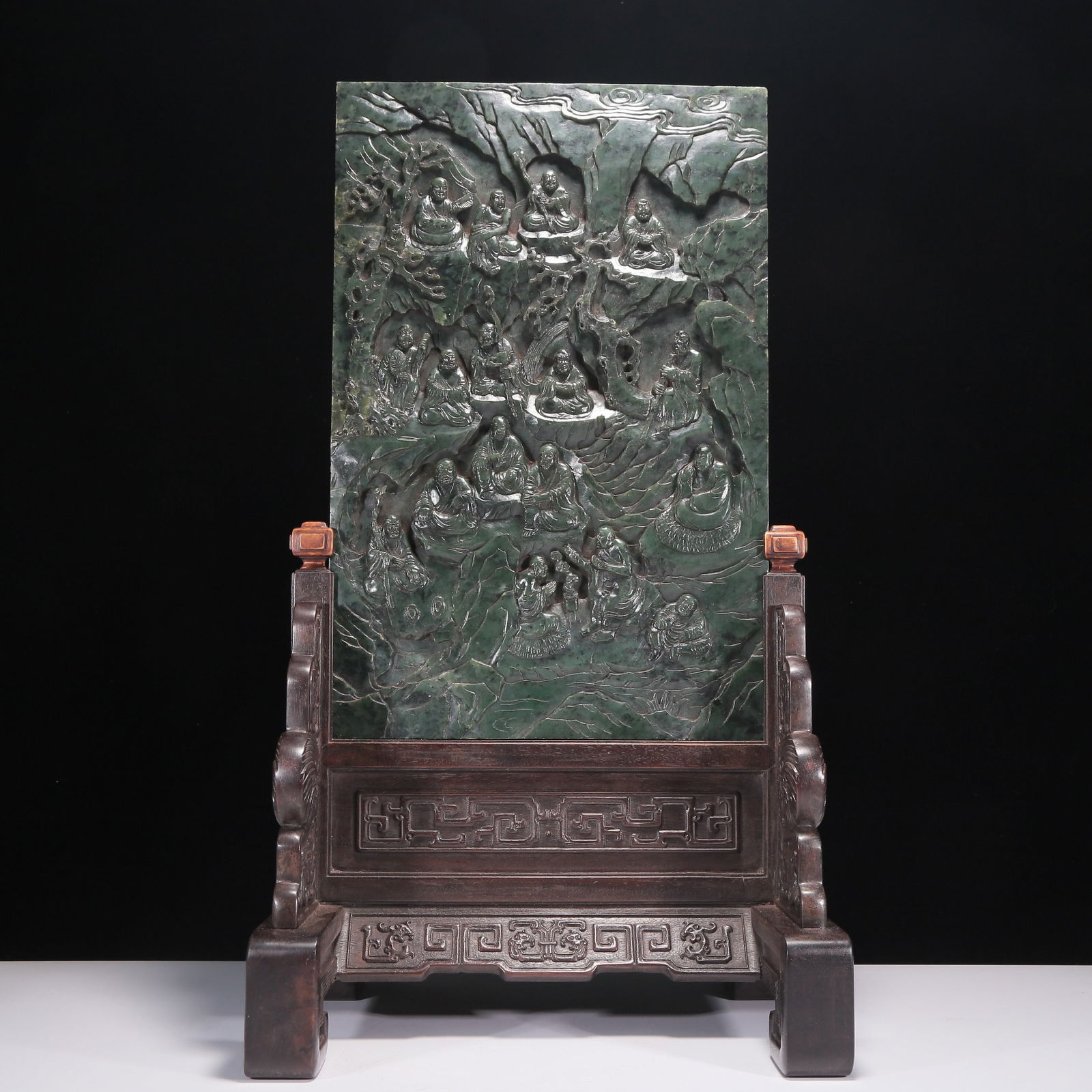 An Exquisite Jasper Gilded 'Arhat' Table Screen With A Zitanwood Stand (1 of 9)