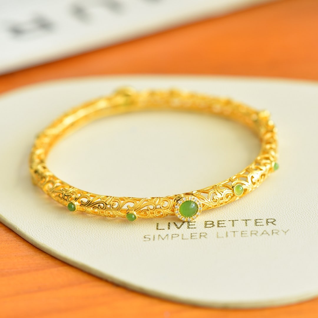 An Exquisite Sterling Silver-Gold Plated Inlaid Jasper Bracelets , Inlaid Diamond: Sterling Silver-Gold Plated Inlaid Jasper Bracelets , Inlaid Diamond , Size :0.2inx0.2in 