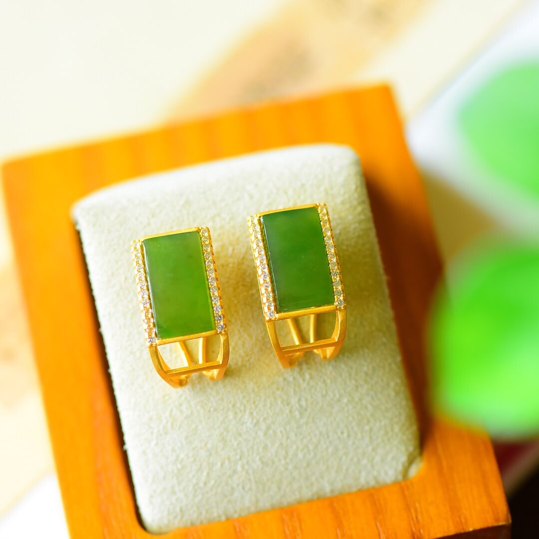 A Pair of Exquisite Sterling Silver-Gold Plated Inlaid Jasper Earrings,Inlaid Diamond: A Pair of Exquisite Sterling Silver-Gold Plated Inlaid Jasper Earrings,Inlaid Diamond,Size:0.4inx0.7in 