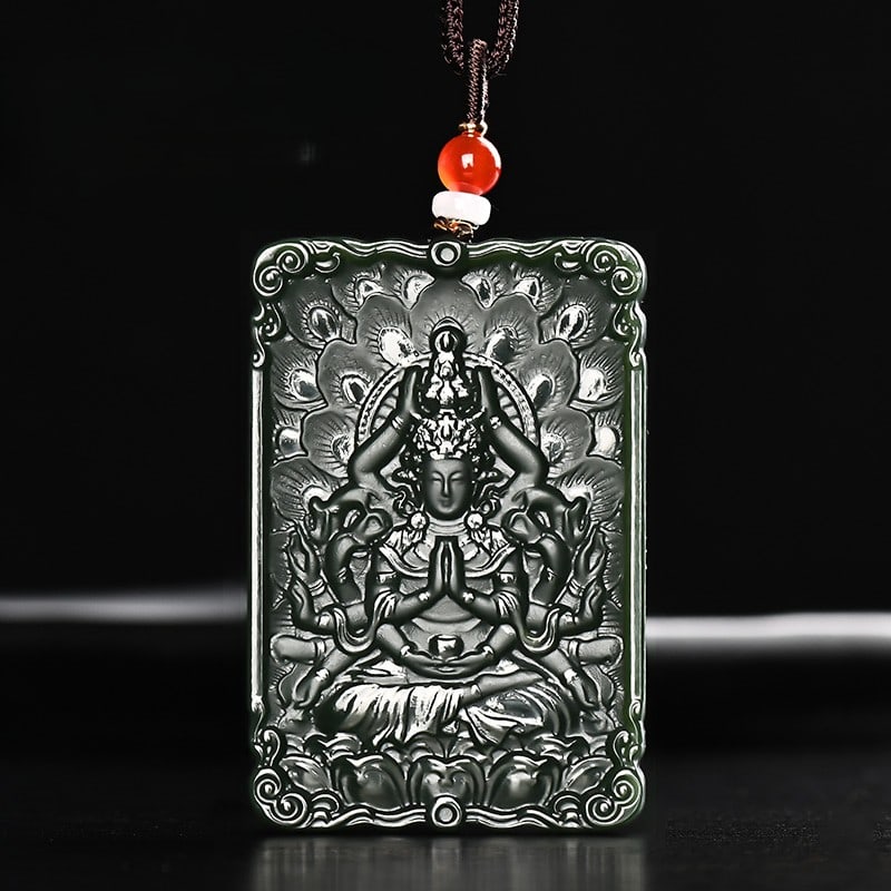 An Exquisite Cyan jade Statue of Thousand-Hand Avalokitesvara Pendant: An Exquisite Cyan jade Statue of Thousand-Hand Avalokitesvara Pendant,Size:2.4inx1.6inx0.3in 青玉千手观音像挂件