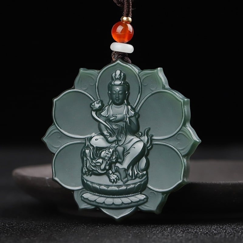 An Exquisite Cyan jade Statue of Manjusri Pendant: An Exquisite Cyan jade Statue of Manjusri Pendant,Size:1.8inx0.3in 青玉文殊菩萨像挂件