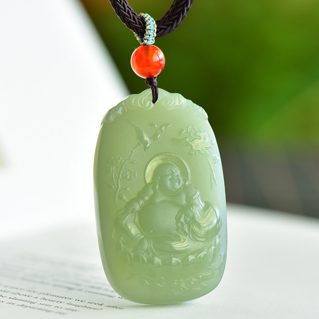 An Exquisite Greenish Jade Statue of Maitreya Buddha Pendant: An Exquisite Greenish Jade Statue of Maitreya Buddha Pendant,Size:1.3inx2in 青玉弥勒佛像挂件