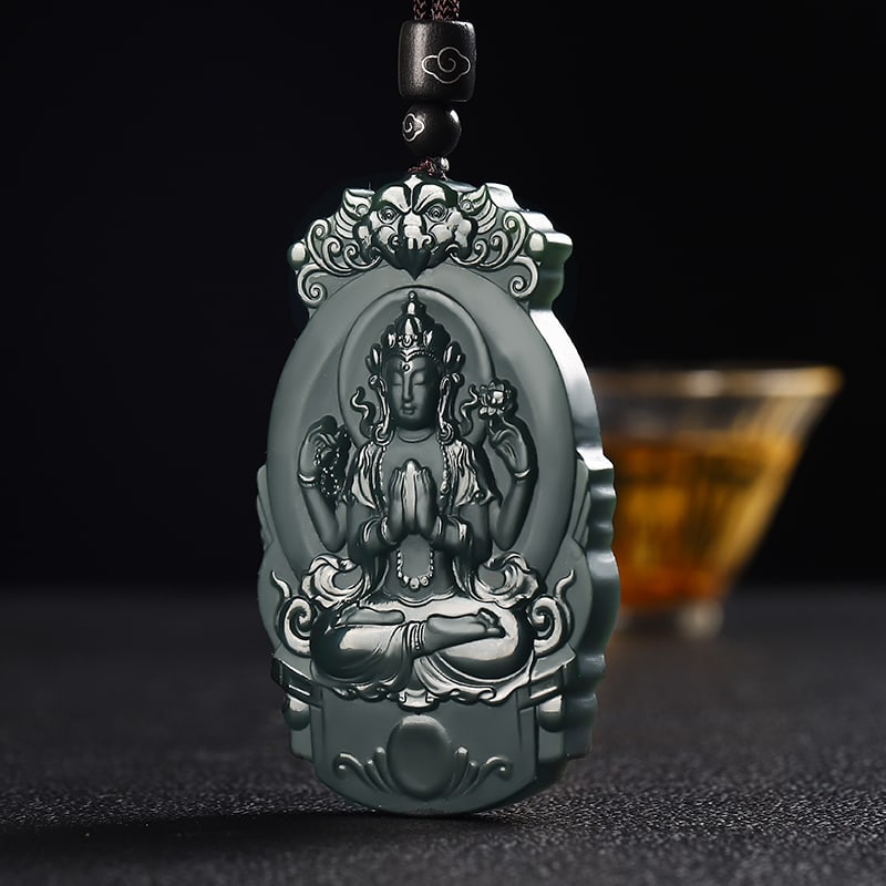An Exquisite Cyan jade Statue of Thousand-Hand Avalokitesvara Pendant: An Exquisite Cyan jade Statue of Thousand-Hand Avalokitesvara Pendant,Size:2.6inx1.6inx0.3in 青玉千手观音像挂件