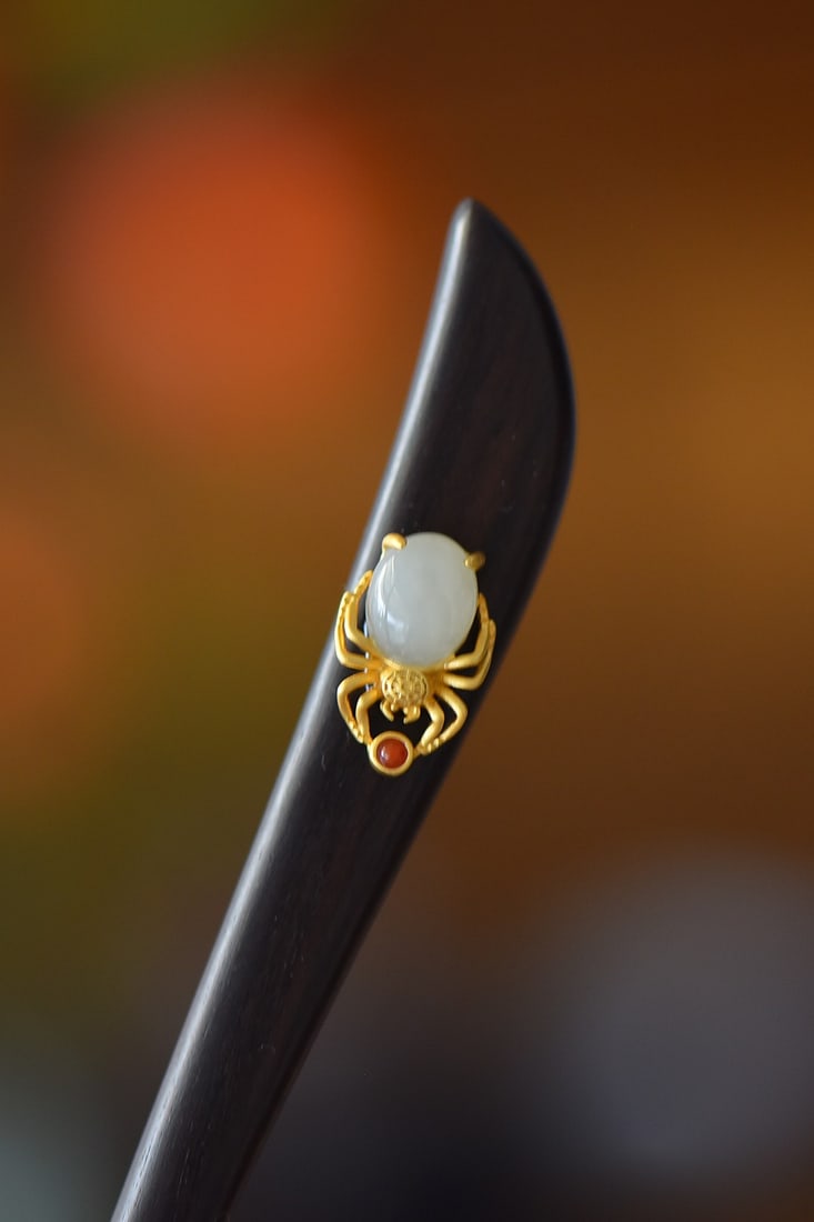 An Exquisite Sterling Silver-Gold Plated Inlaid White Jade Ebony Hairpin: An Exquisite Sterling Silver-Gold Plated Inlaid White Jade Ebony Hairpin 纯银镀金镶白玉黑檀木发簪