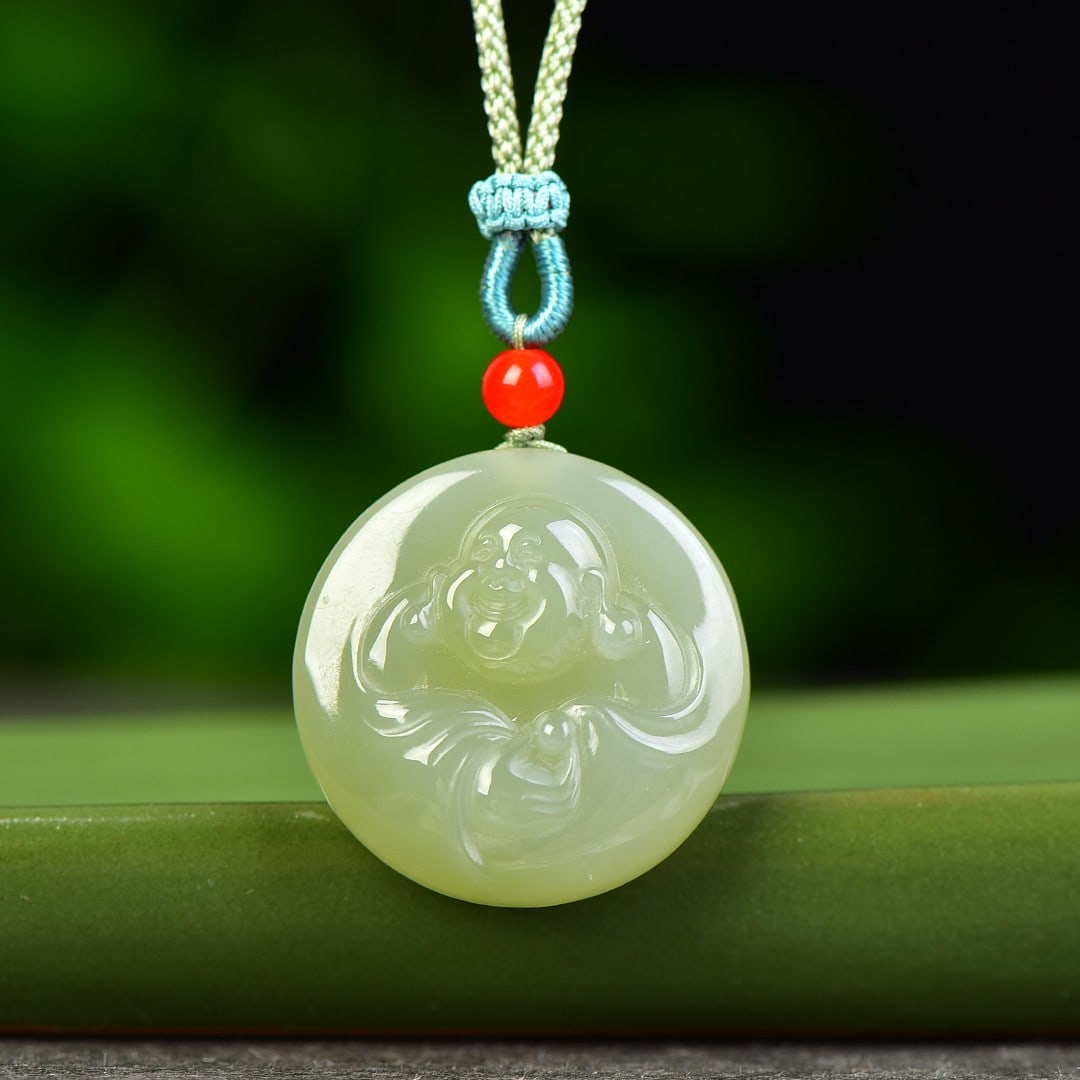 An Exquisite Greenish Jade Statue of Maitreya Buddha Pendant: An Exquisite Greenish Jade Statue of Maitreya Buddha Pendant,Size:1.2inx1.2in 青玉弥勒佛像挂件