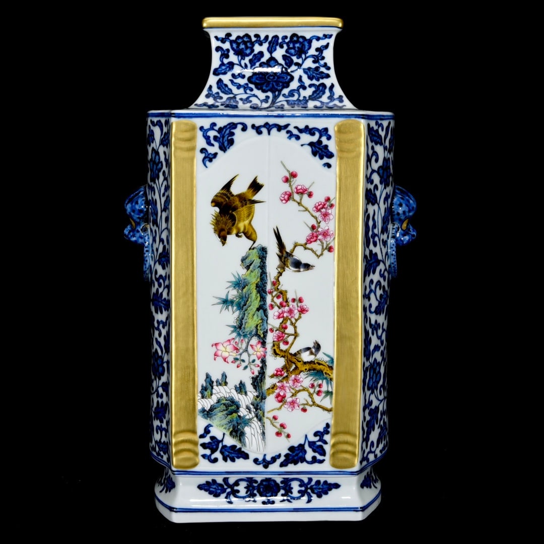 A Rare Blue and White Famille-Rose Flower and Bird Pattern Beast-Ears Vase: A Rare Blue and White Famille-Rose Flower and Bird Pattern Beast-Ears Vase,Qing Dynasty,China,Qianlong Six-Character Mark,Size:13.4inx8.3inx5.5in 