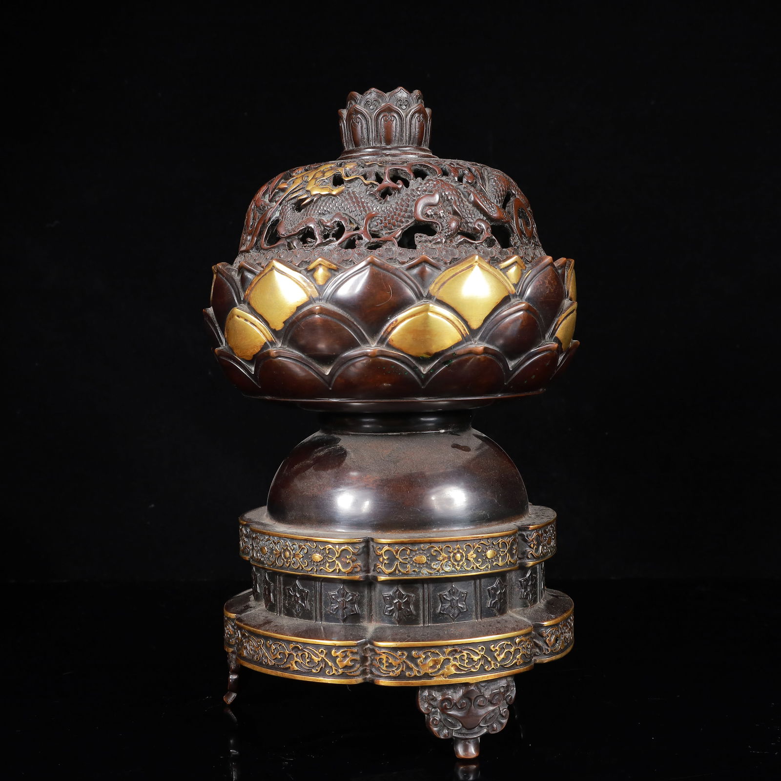 A Rare Gilt Bronze Flower and Dragon Pattern Tripod Censer (1 of 9)