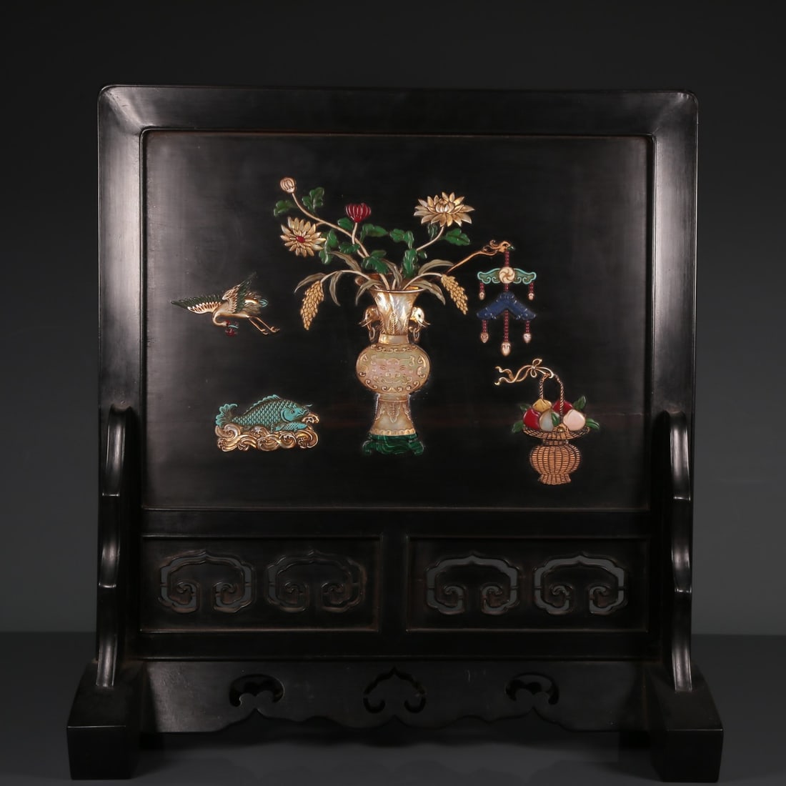 A Wonderful Zitanwood Gem-Inlaid 'Stationery' Table Screen: A Wonderful Zitanwood Gem-Inlaid 'Stationery' Table Screen. Inlaid in polychrome with a vase, flowers, fruits, a bird and a fish. Chinese Qing Dynasty. Size:14.6inx6.7inx15.7in