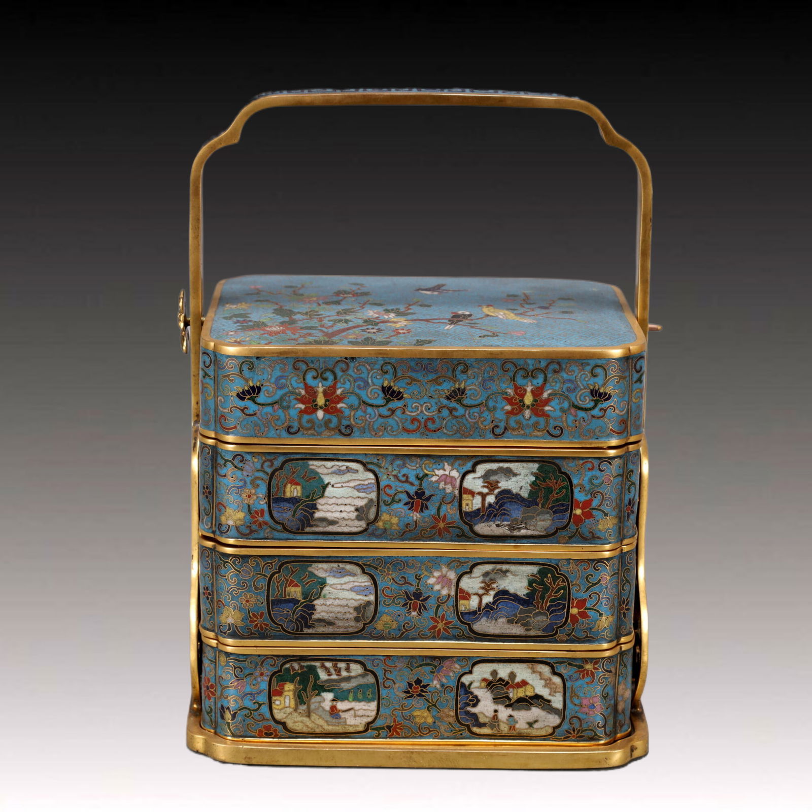 A Exquisite Cloisonne Flower and Bird Pattern Lotus Pattern Character and Story Pattern Food box: A Exquisite Cloisonne Flower and Bird Pattern Lotus Pattern Character and Story Pattern Food box , Qing Dynasty, China , Size:7.1inx5.5inx9.4in Weight:4100g 