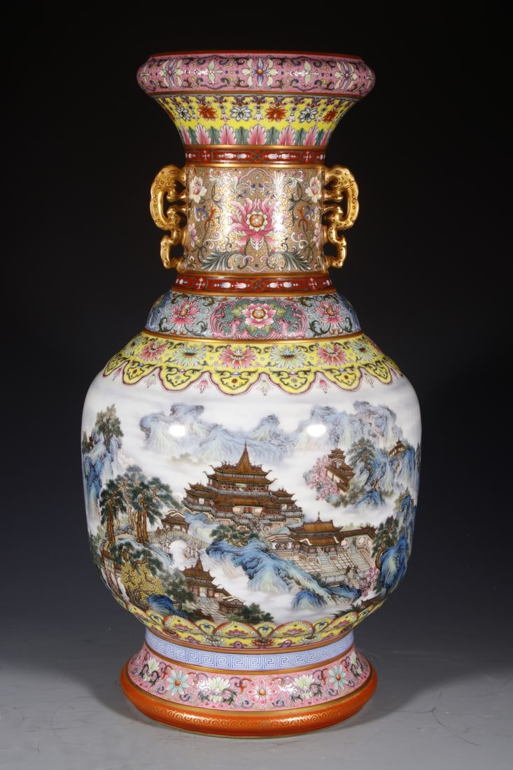A Huge Enamel Landscape Pattern Double-Ears Vase,with poem: A Huge Enamel Landscape Pattern Double-Ears Vase,with poem,Qing Dynasty,China,Qianlong Four-character Mark,Size:23inx8.7in 珐琅彩山水纹双耳瓶,