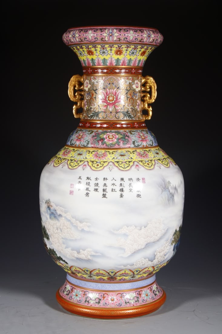 A Huge Enamel Landscape Pattern Double-Ears Vase,with poem - 6