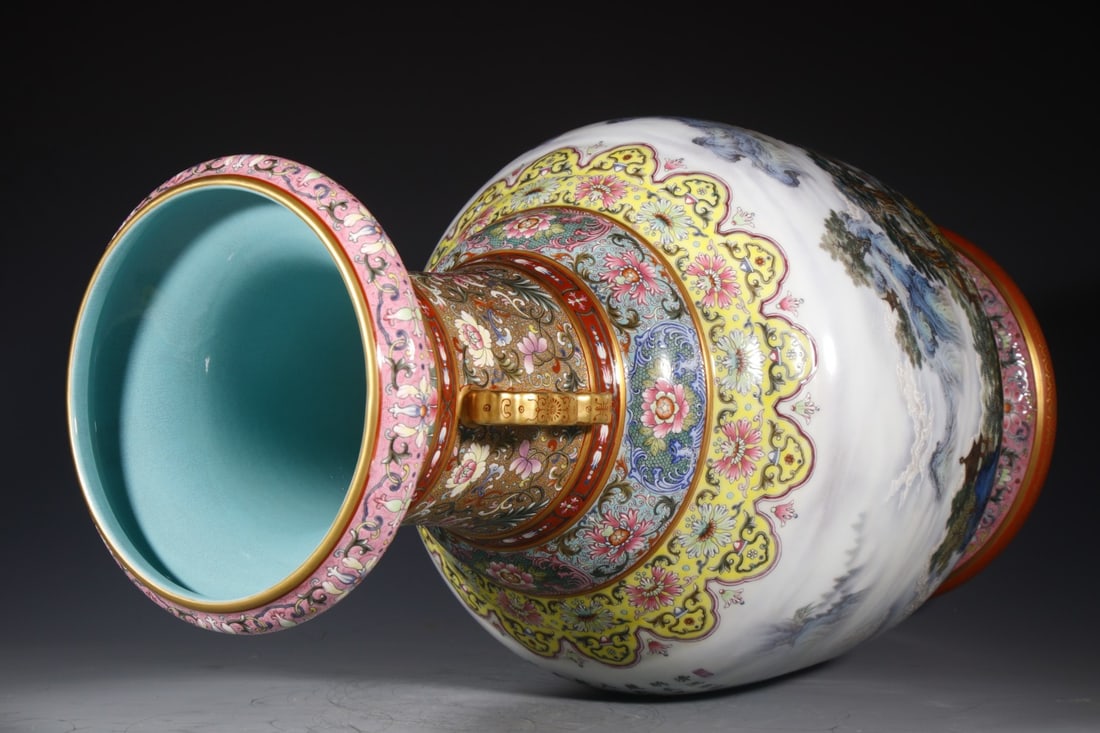 A Huge Enamel Landscape Pattern Double-Ears Vase,with poem - 8