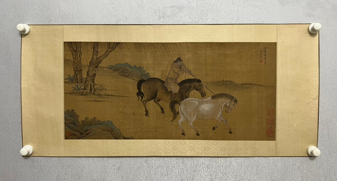 A Chinese Ink Painting of Figure Riding Horse on Silk: A Chinese Ink Painting of Figure Riding Horse on Silk,Cui Zizhong,Size:27.2inx12.6in 一幅中国水墨绢本人物骑马画,崔&#