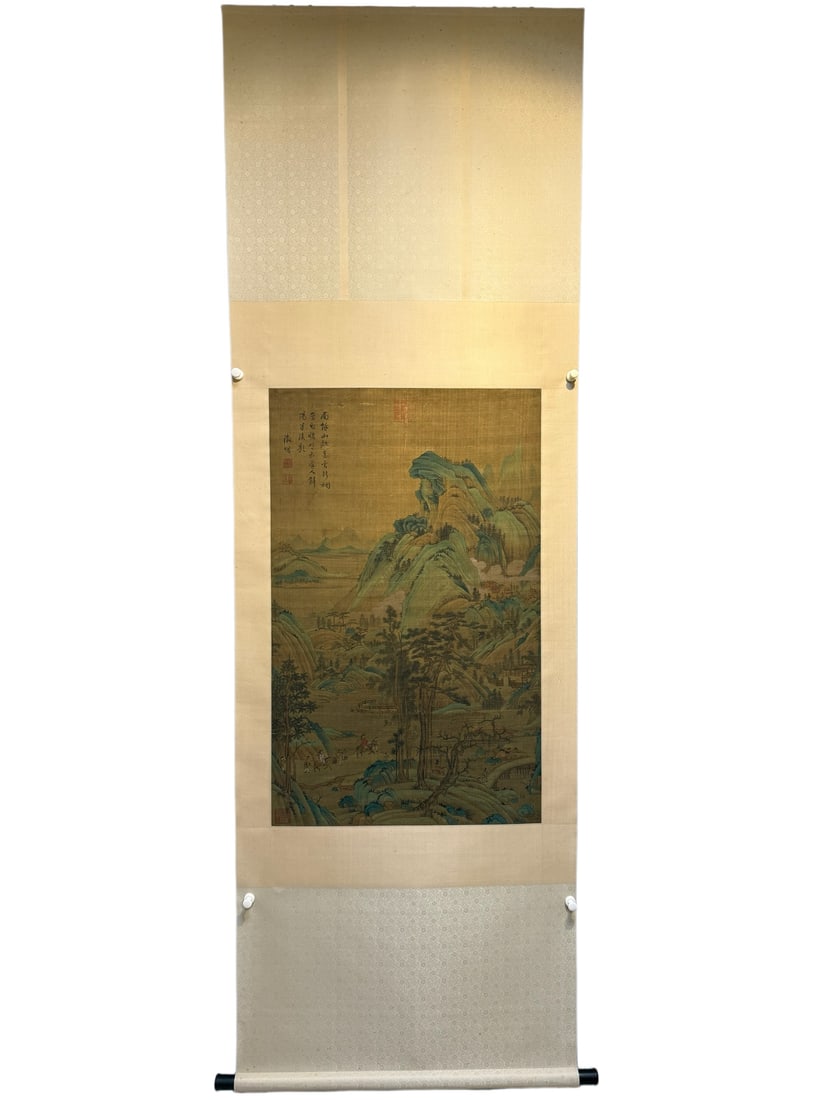 A Chinese Vertical Scroll Ink Painting of Landscape and Figure on Silk: A Chinese Vertical Scroll Ink Painting of Landscape and Figure on Silk,Wen Zhengming,Size:25.6inx41.1in 一幅中国水墨绢本山水人物