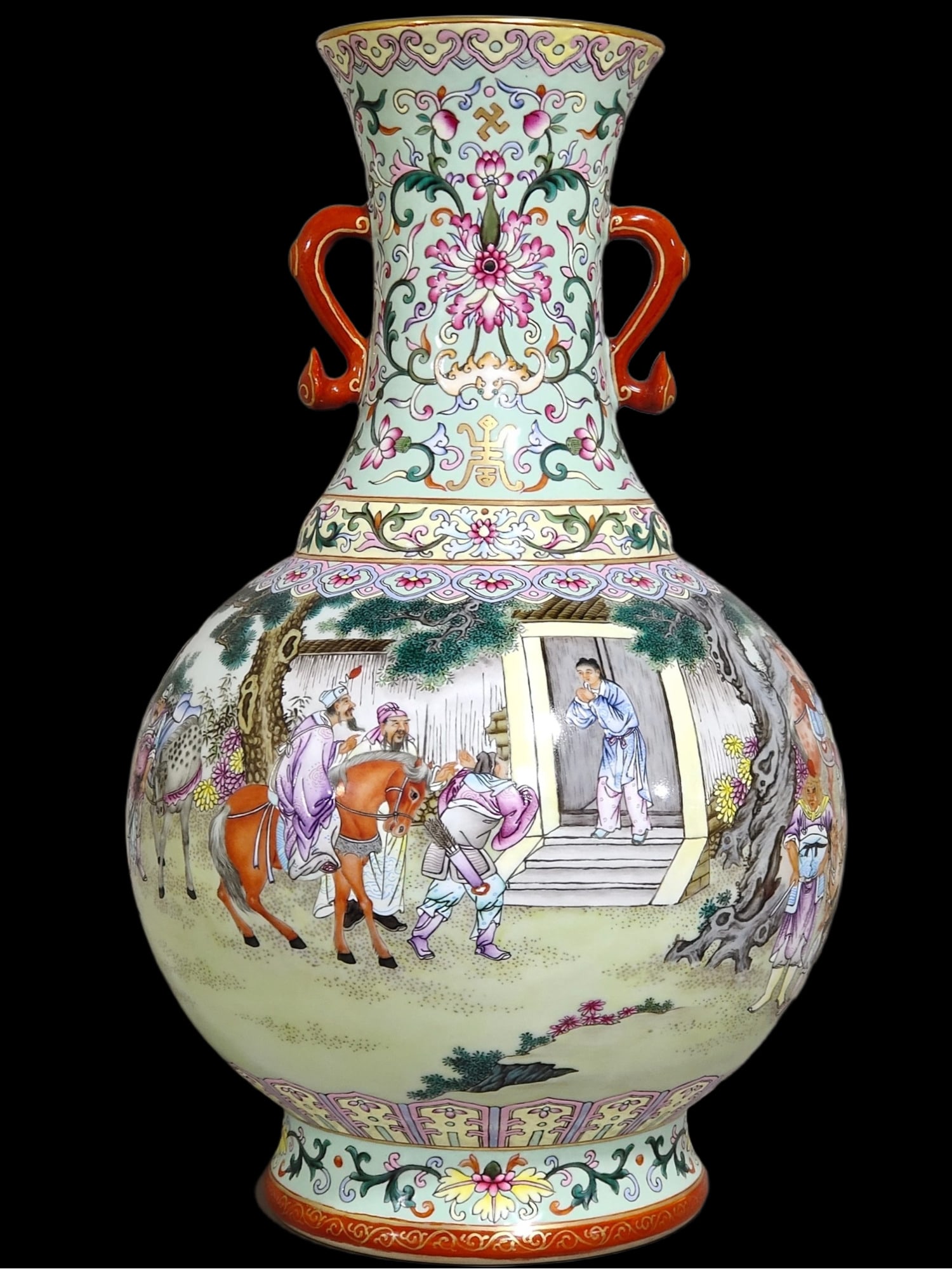 A Huge Green Ground Character and Story Pattern Double-Ears Vase,with poem (1 of 8)