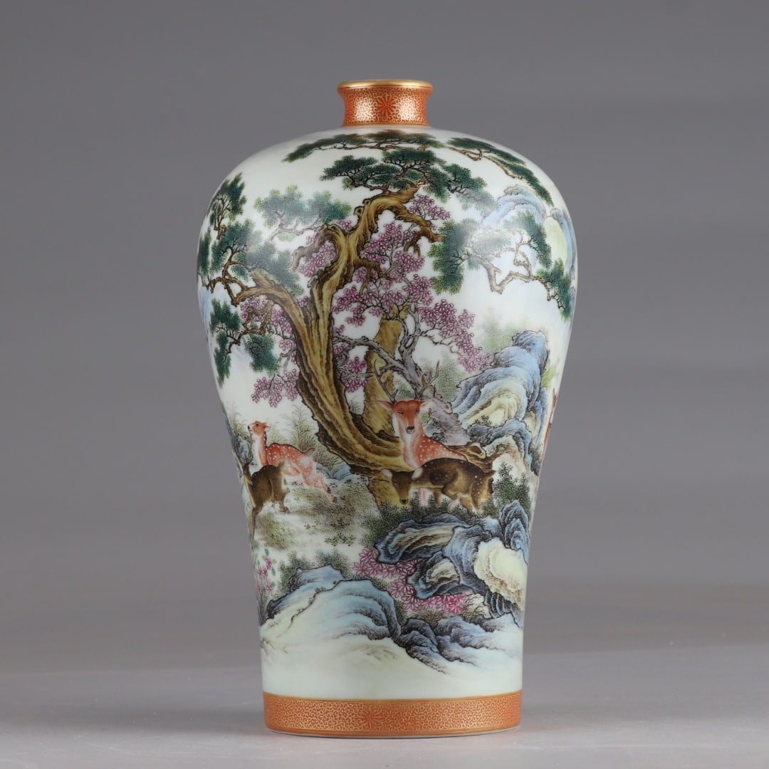 An Exquisite Famille-Rose Painted Gold Pine and Deer Pattern Vase,with poem: An Exquisite Famille-Rose Painted Gold Pine and Deer Pattern Vase,with poem,Qing Dynasty,China,Yongzheng Six-character Mark,Size:10inx6.1in 粉彩描金松鹿纹