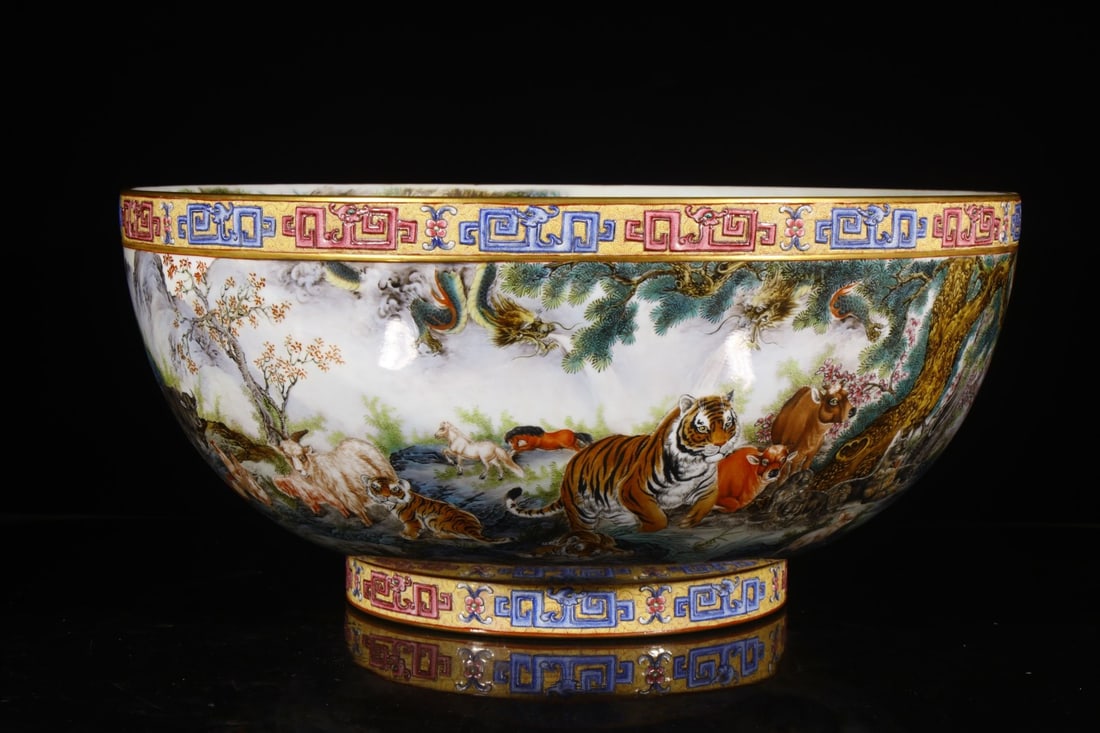 An Exquisite Enamel the Twelve Chinese Zodiac Signs ? Bowl,with poem: An Exquisite Enamel the Twelve Chinese Zodiac Signs 纹 Bowl,with poem,Qing Dynasty,China,Qianlong Six-character Mark,Size:10.4inx22in 珐琅彩十二生肖 