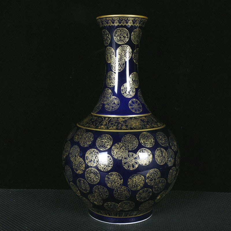 A Huge Ji Blue Glazed Painted Gold Flower Pattern Vase: A Huge Ji Blue Glazed Painted Gold Flower Pattern Vase,Qing Dynasty,China,Qianlong Six-character Mark,Size:15.9inx9.4in 