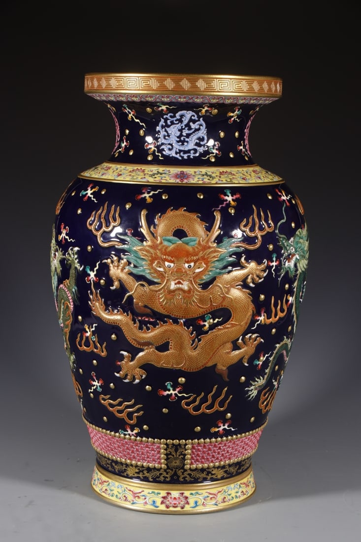 A Huge Ji Blue Glazed Enamel Auspicious Cloud and Dragon Pattern Vase: A Huge Ji Blue Glazed Enamel Auspicious Cloud and Dragon Pattern Vase,Qing Dynasty,China,Qianlong Six-character Mark,Size:18.1inx8.3in 霁蓝釉珐琅彩祥云&