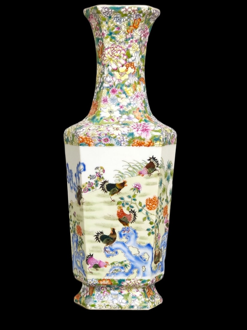 A Rare Famille-Rose Flower and Rooster Pattern Vase (1 of 8)