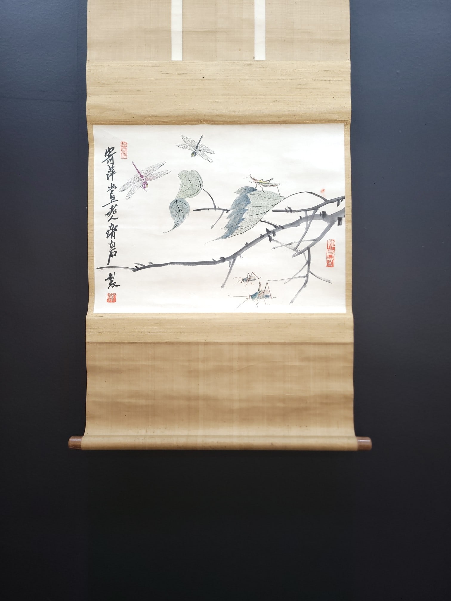 A Chinese Vertical Scroll Ink Painting of Insect on Paper: A Chinese Vertical Scroll Ink Painting of Insect on Paper,Qi Baishi,Size:19.9inx15.2in 一幅中国水墨昆虫画立轴,齐白石