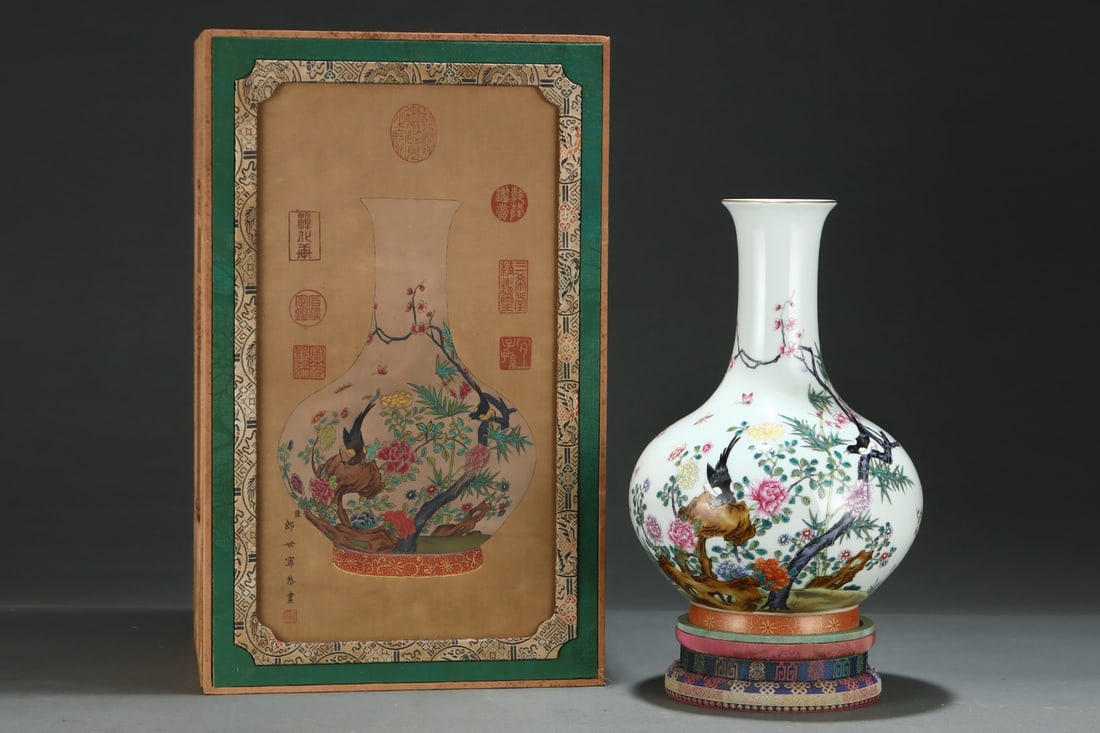 A Rare Famille-Rose Flower and Bird Pattern Vase,with poem: A Rare Famille-Rose Flower and Bird Pattern Vase,with poem,Qing Dynasty,China,Yongzheng Six-character Mark,Size:12.6inx8.8in 粉彩花鸟纹瓶,带诗文,&