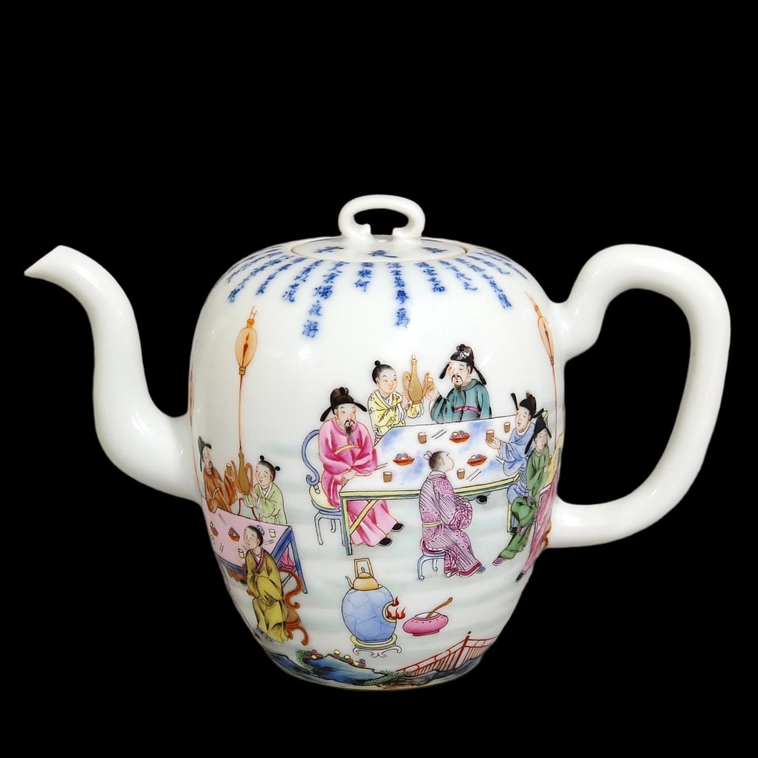 An Exquisite Famille-Rose Character and Story Pattern Teapot,with poem: An Exquisite Famille-Rose Character and Story Pattern Teapot,with poem,Qing Dynasty,China,Yongzheng Six-character Mark,Size:4.3inx5.9in 