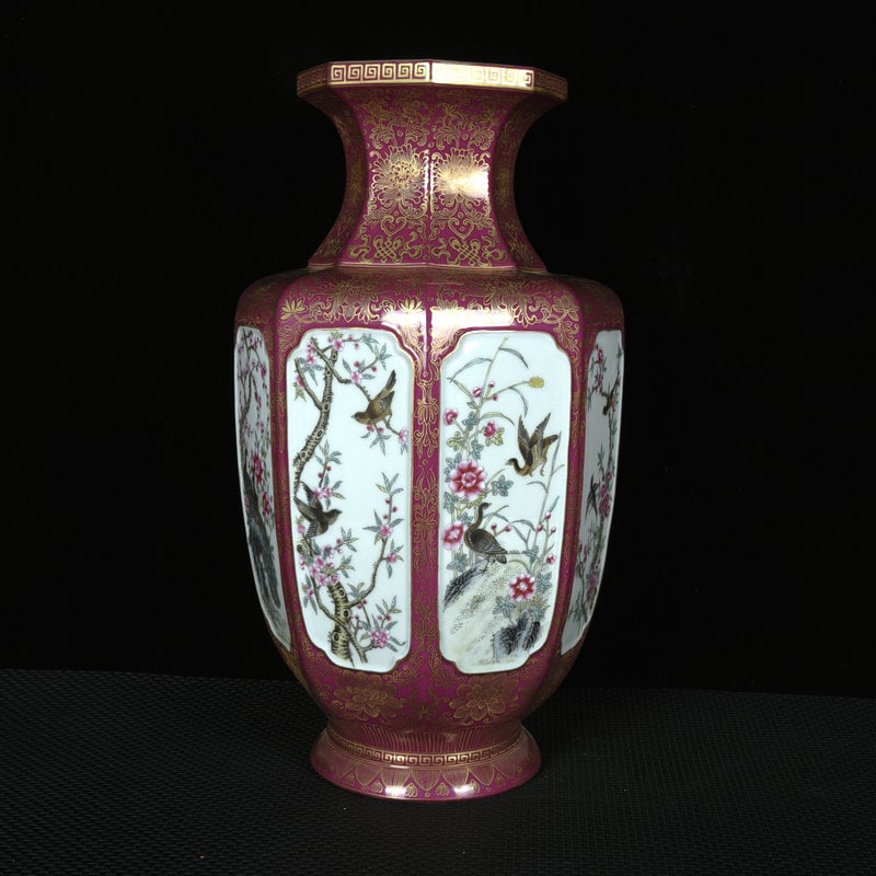A Huge Ruby Red-Glazed Enamel Flower and Bird Pattern Vase - 3